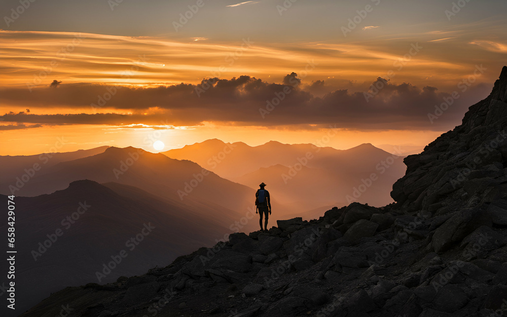 A hiker silhouetted against a mountain sunset