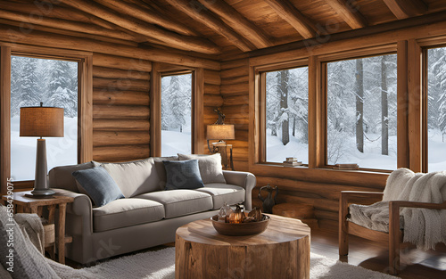 A cozy cabin in a snowy forest