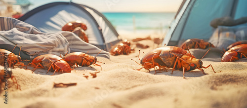 Obraz na płótnie Bed bugs on holiday on the beach. AI generated.