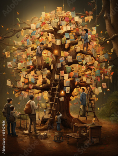 A Surreal Illustration of Friends Setting Up a “Thankful Tree” with Messages