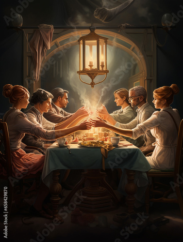 A Surreal Illustration of Friends Sharing a Moment of Gratitude  Hands Joined Around the Table