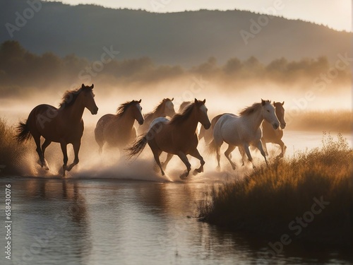 A wild herd of natural horses crossing the river, golden hour photo