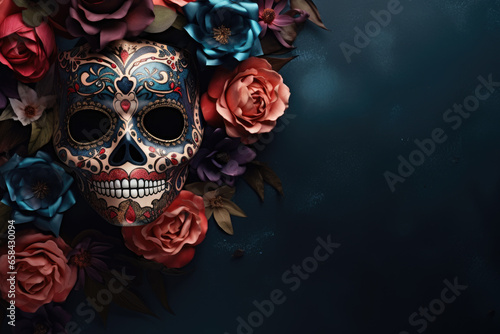 Colorful skulls and flowers over dark background with copy space