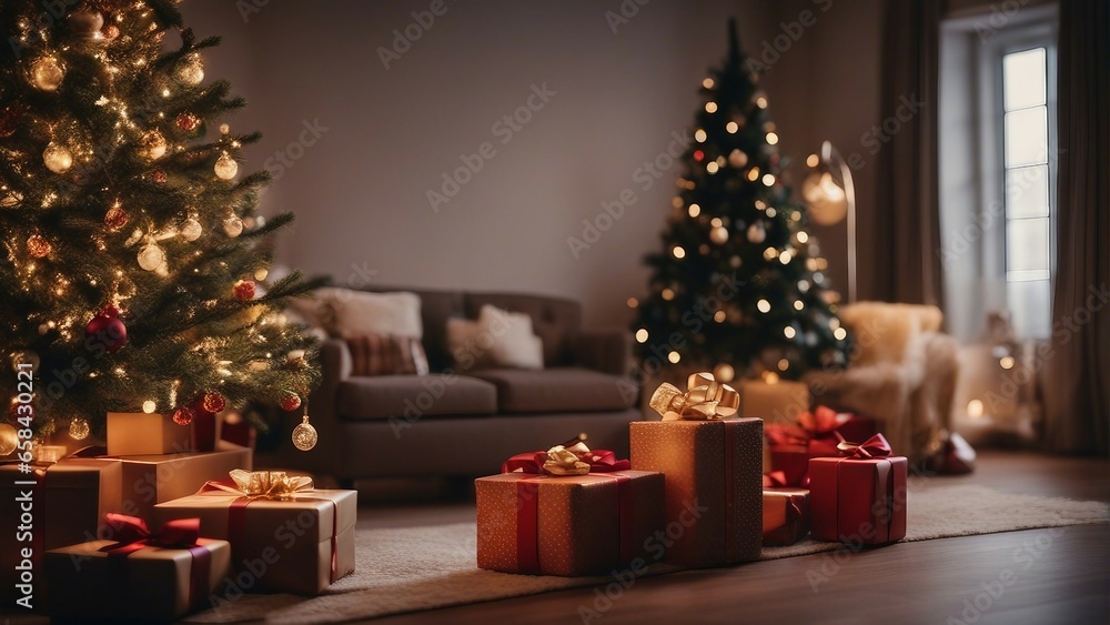  illuminated decorative Christmas tree and gift boxes inside the house
