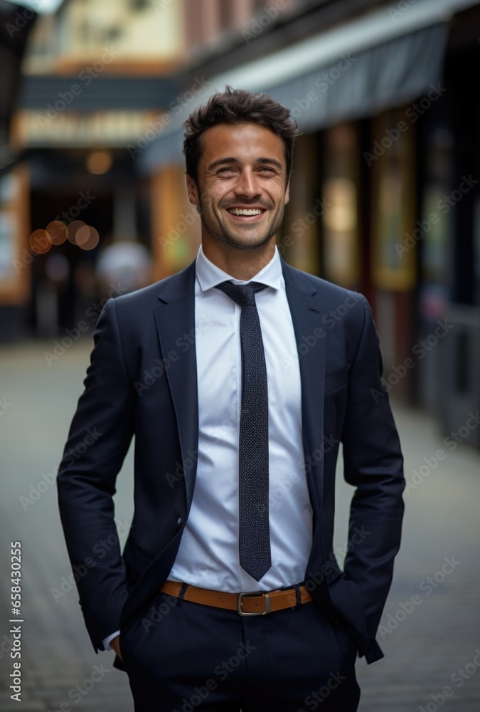 A charismatic man in a sharp suit and tie radiates confidence while offering a genuine smile on a city sidewalk. Generative AI. A charismatic man in a sharp suit and tie radiates confidence while offering a genuine smile on a city sidewalk. Generative AI.