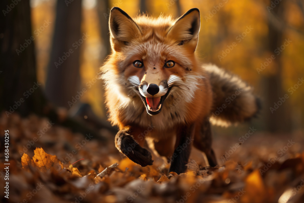 Red fox running through autumn park or forest Red fox running through autumn park or forest