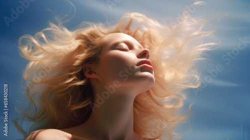 A radiant young woman with flowing blond hair, eyes closed, exuding serenity against nature's embrace. Generative AI.