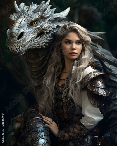 Regal woman in armor with Dragon friend © LinzArt