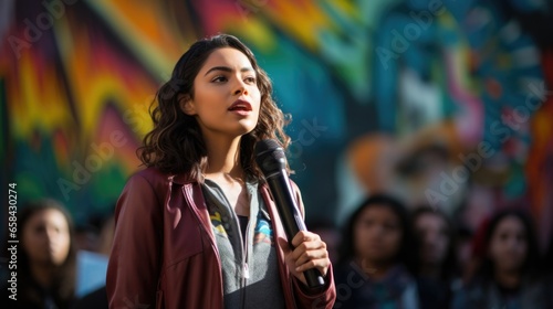 An impassioned young Indian-American woman captivating an audience with her microphone. Generative AI. photo