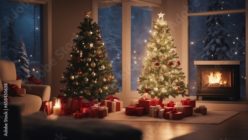 decorative Christmas tree illuminated with lights by the fireplace and gift boxes inside the house

