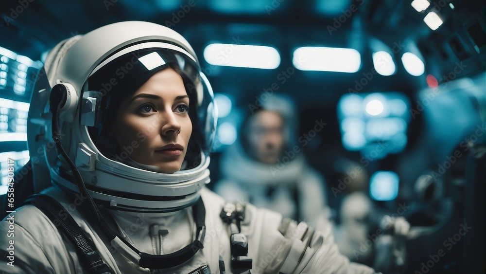portrait of astronaut woman inside the space shuttle portrait of astronaut woman inside the space shuttle