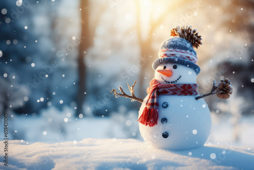 Cheerful little snowman in hat and scarf outdoors on winter day photo