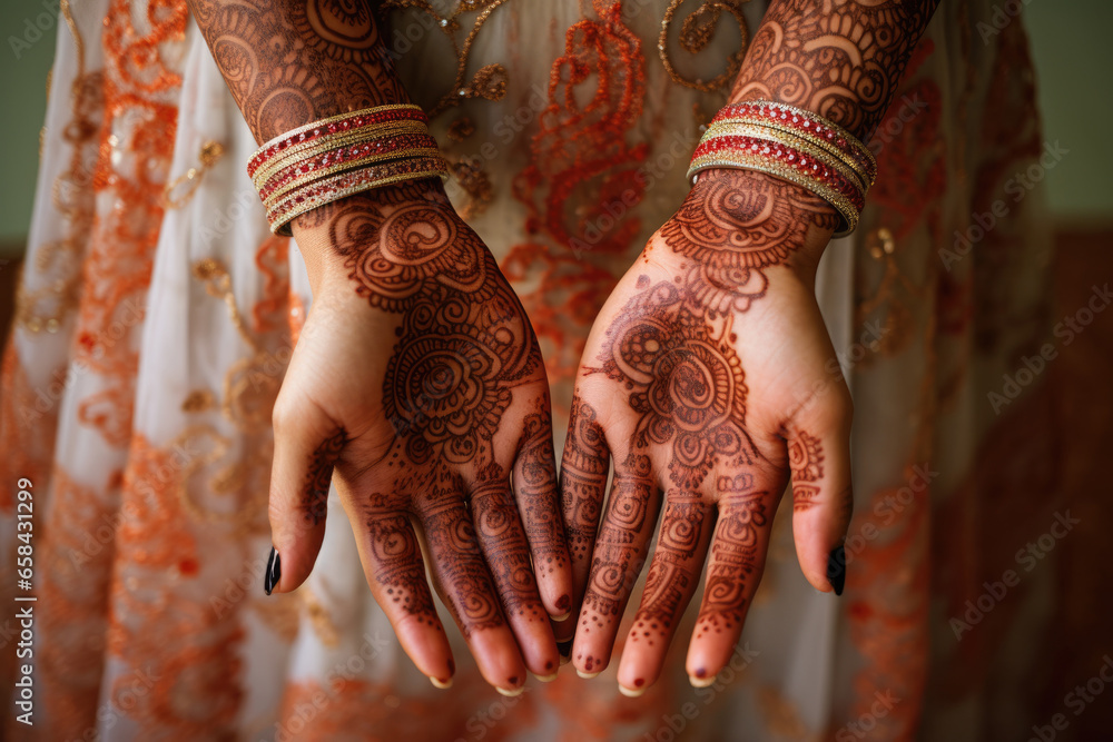 Indian bride showing hands with henna decoration on her wedding day - obrazy, fototapety, plakaty 