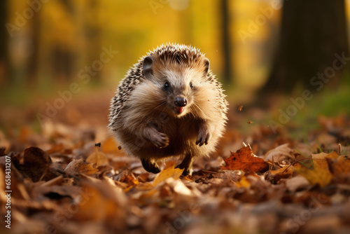 Hedgehog running through autumn park or forest