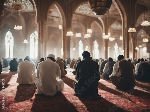 Muslims worshiping in the mosque, back view