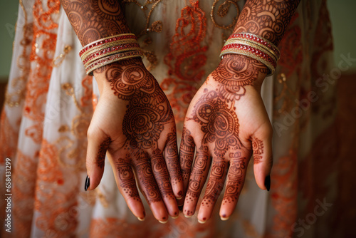 Indian bride showing hands with henna decoration on her wedding day photo