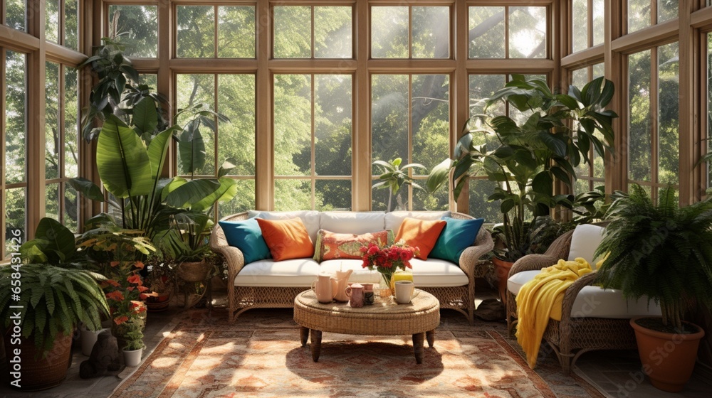 A tropical-themed sunroom with exotic plants, rattan furniture, and colorful textiles, offering views of a private garden.