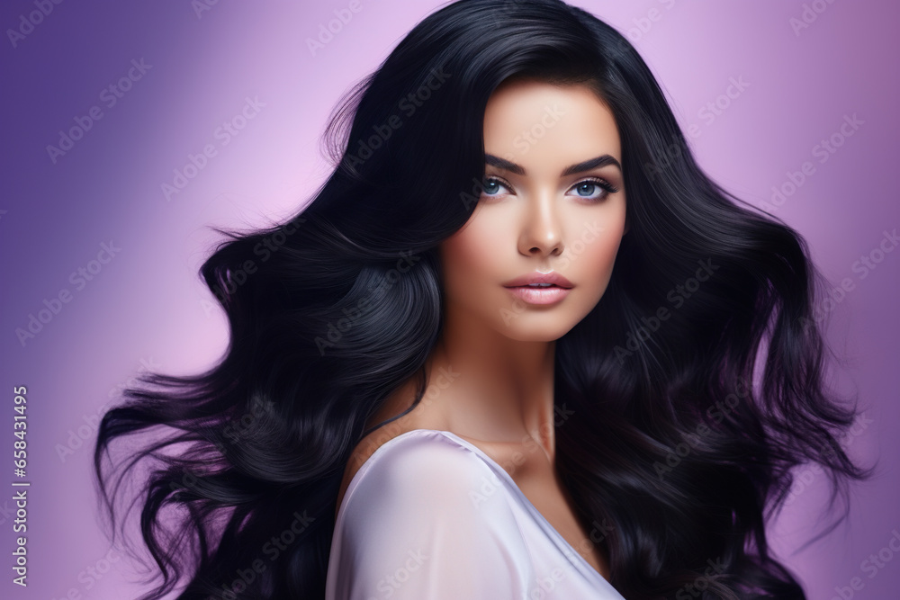 Beautiful brunette girl with long hair blowing in the wind, on a purple background Beautiful brunette girl with long hair blowing in the wind, on a purple background
