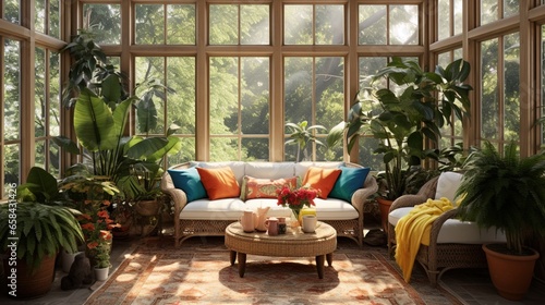 A tropical-themed sunroom with exotic plants, rattan furniture, and colorful textiles, offering views of a private garden.