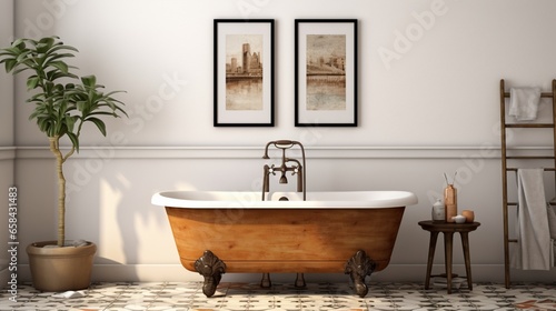 A vintage-style bathroom with a clawfoot tub and patterned tile flooring  featuring an empty wall above a vintage wooden cabinet for a wall mockup. Keep the bottom-left corner free for text.