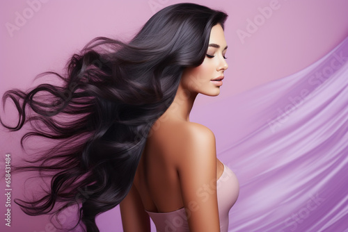 Beautiful brunette girl with long hair blowing in the wind, on a purple background photo