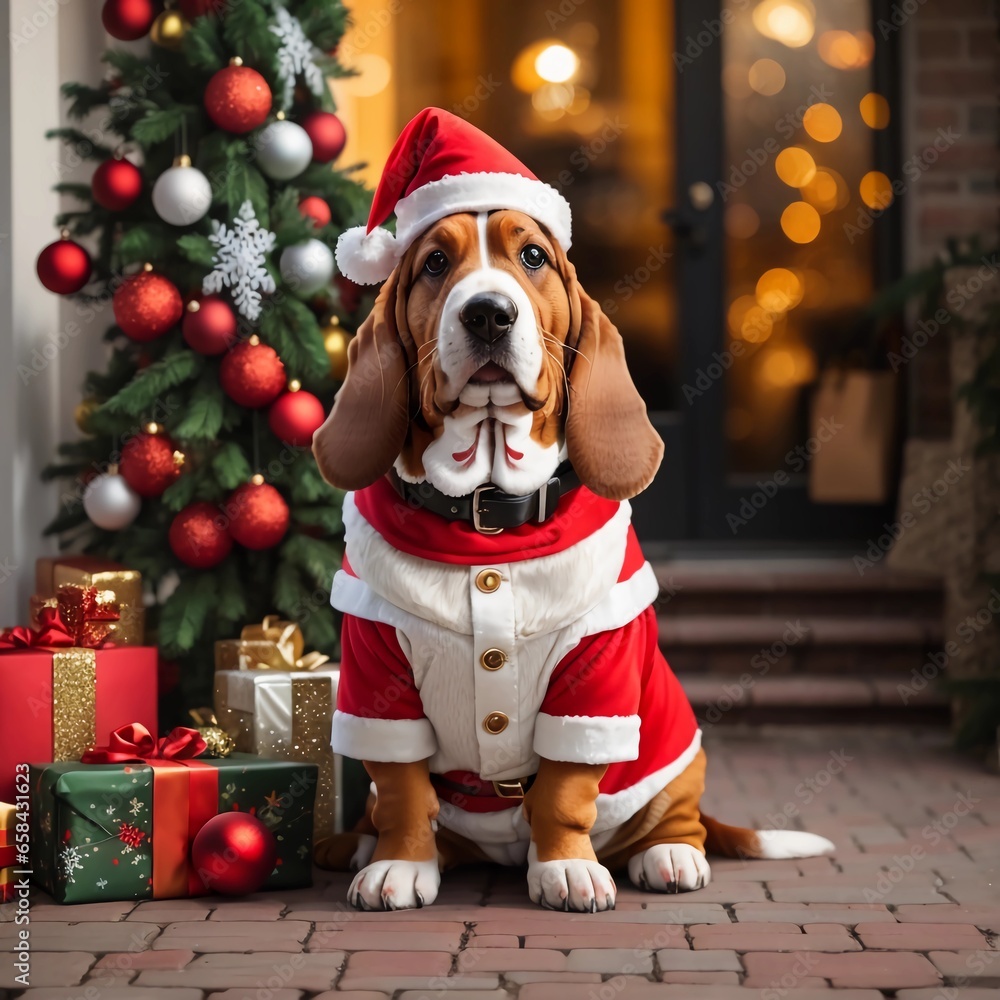 Winter Magic: Basset Hound's Christmas Costume Against Bokeh Scenery