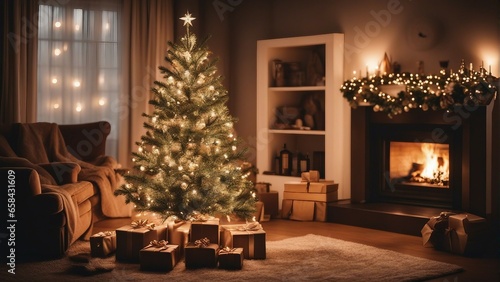 decorative Christmas tree illuminated with lights by the fireplace and gift boxes inside the house © abu