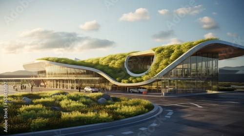 An airport exterior with hi-tech architecture, living green walls, and sustainable materials for an eco-friendly, visually stunning look.