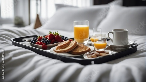 tiny breakfast tray on the bed. orange juice  omelette  coffee  pancakes  blueberries etc.