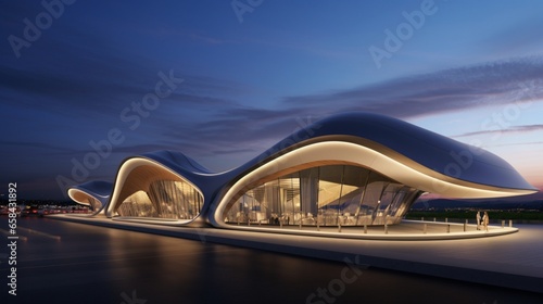 An airport with an undulating, wave-like facade made of smart materials and dynamic LED patterns for a digital and captivating exterior. © ZUBI CREATIONS