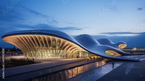 An airport with an undulating, wave-like facade made of smart materials and dynamic LED patterns for a digital and captivating exterior.