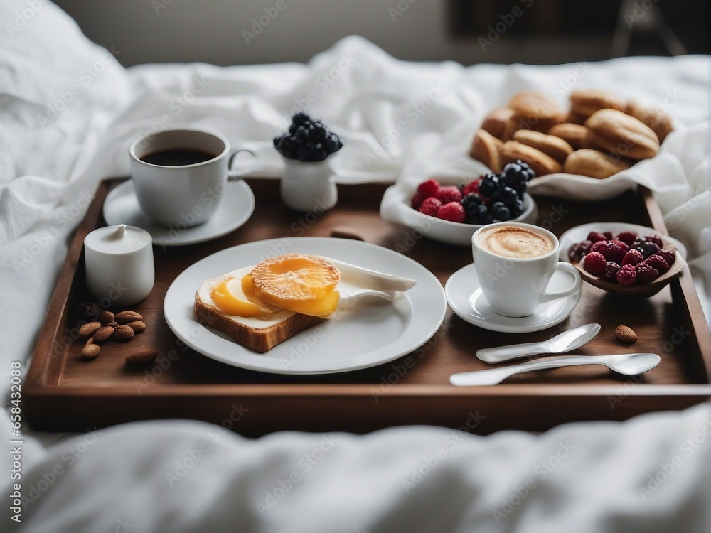tiny breakfast tray on the bed. orange juice, omelette, coffee, pancakes, blueberries etc. tiny breakfast tray on the bed. orange juice, omelette, coffee, pancakes, blueberries etc.