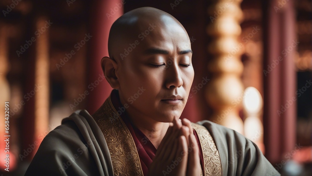 Buddhist person, meditating, traditional clothes Buddhist person, meditating, traditional clothes