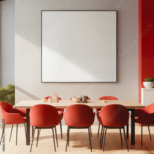 Mock up poster frame in modern interior, home decor, interior design, interior space, dining room, Minimalist style, Red photo