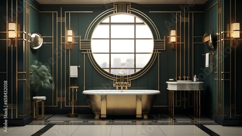 An art deco bathroom with geometric tiles and retro fixtures, highlighting a blank wall above the toilet for wall art or branding mockups. Keep the top-left corner open for branding. © ZUBI CREATIONS