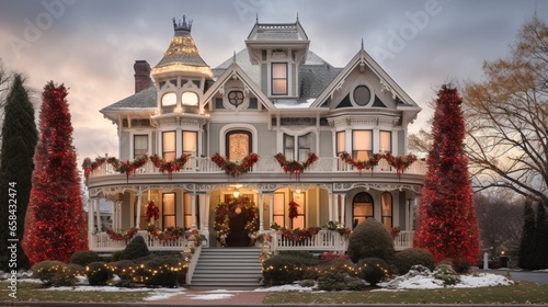An elegant Victorian mansion adorned with wreaths on every window and a towering Christmas tree in the front yard. Reserve the top-left corner for text.