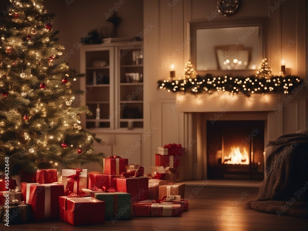 decorative Christmas tree illuminated with lights by the fireplace and gift boxes inside the house