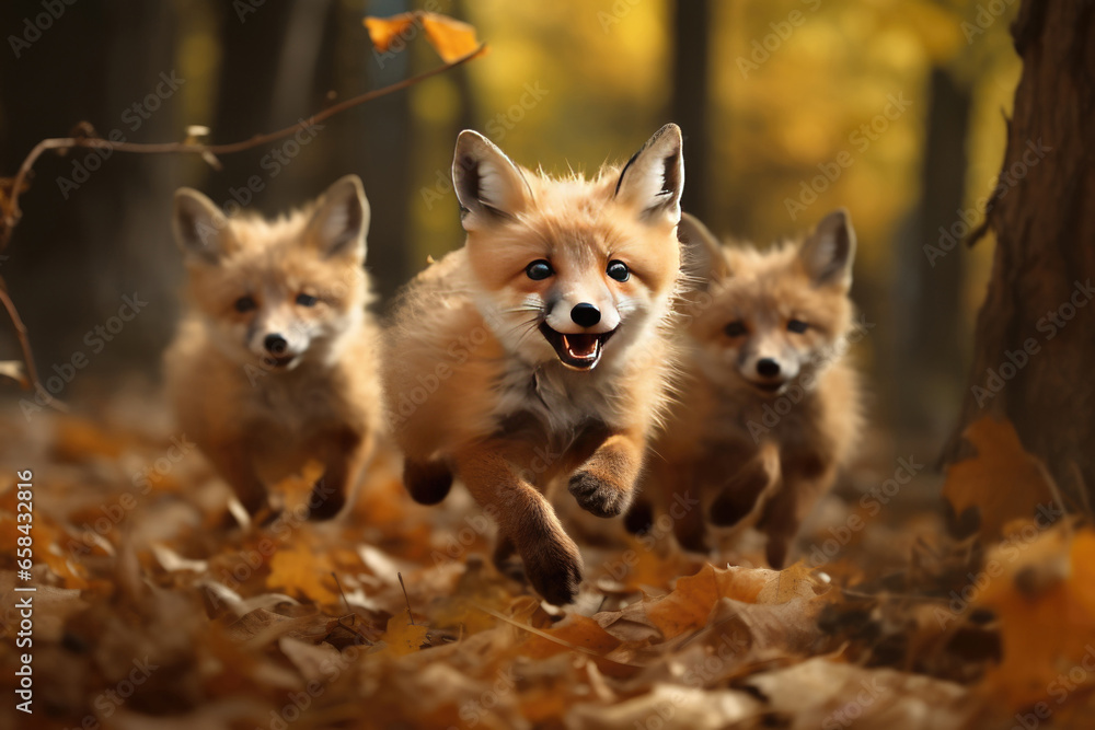 Three little foxes running through autumn park or forest