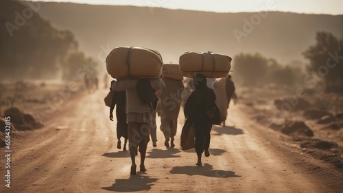 refugees moving with their belongings on a dusty dirt road at sunset