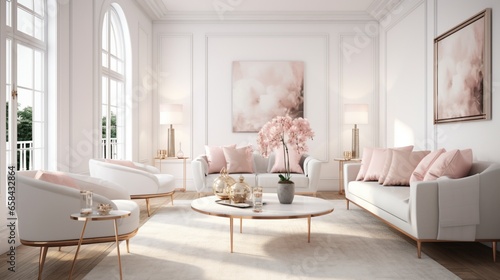 Crisp white walls and furniture create a clean palette for the trendy rose gold accents to shine. Everything feels light and airy, yet the rose gold ensures a luxurious touch.