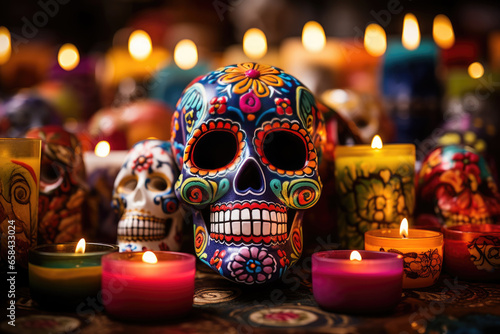 Colorful skulls and flowers over dark background with copy space