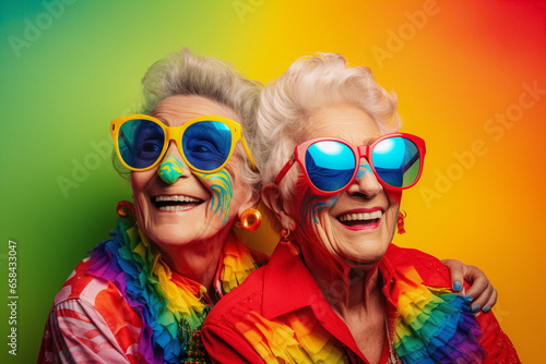 Happy old LGBT female gay couple wearing colourful clothes and sunglasses on a rainbow background