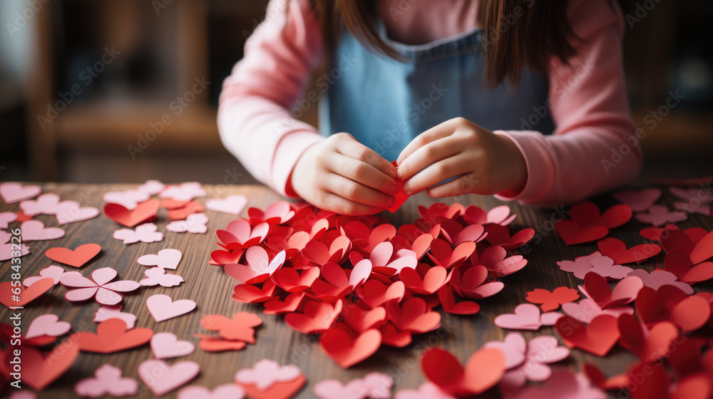 Generative AI, child makes an applique from colored paper in the shape of a heart, Valentine's day, card, baby, hands, pink, red, DIY, kid, toddler, kindergarten, heart-shaped, craft, handmade Generative AI, child makes an applique from colored paper in the shape of a heart, Valentine's day, card, baby, hands, pink, red, DIY, kid, toddler, kindergarten, heart-shaped, craft, handmade