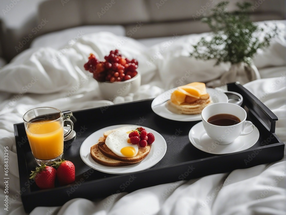 tiny breakfast tray on the bed. orange juice, omelette, coffee, pancakes, blueberries etc. tiny breakfast tray on the bed. orange juice, omelette, coffee, pancakes, blueberries etc.