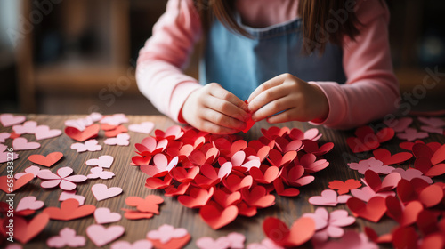 Generative AI, child makes an applique from colored paper in the shape of a heart, Valentine's day, card, baby, hands, pink, red, DIY, kid, toddler, kindergarten, heart-shaped, craft, handmade