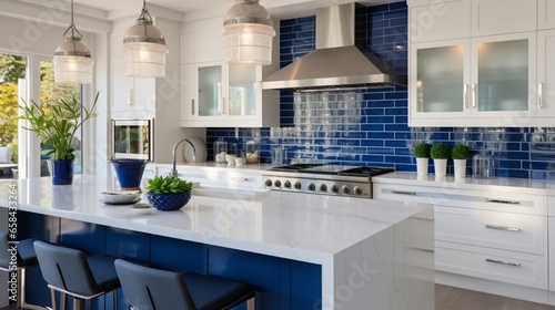 a kitchen with crisp white cabinets and cobalt blue accents on the backsplash or island. photo