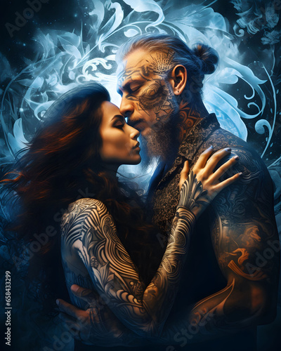 Magical tattooed sorcery couple, vivid colors and swirling magic