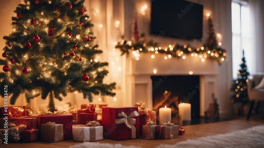 decorative Christmas tree illuminated with lights by the fireplace and gift boxes inside the house