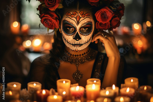 Woman dressed up in Day of the Dead costume with sugar skull makeup
