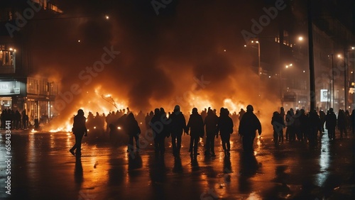 protesters, burning vehicles, flames and smoke in the city center photo